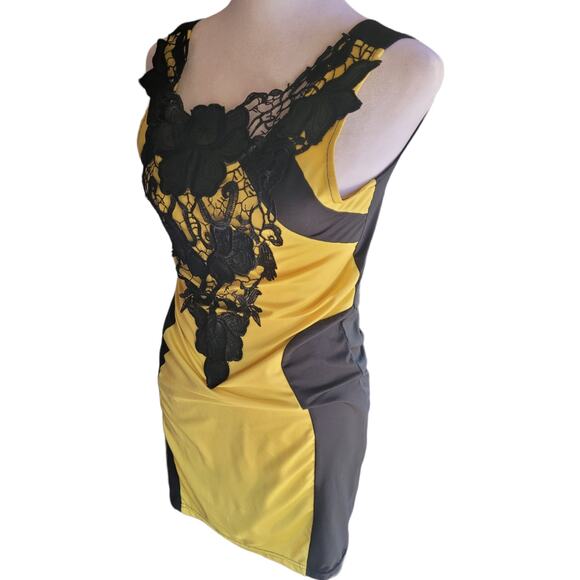 Heramay Korean Yellow Black Lace Applique Bodycon Mini Dress Small Clubwear Sexy - Picture 7 of 10